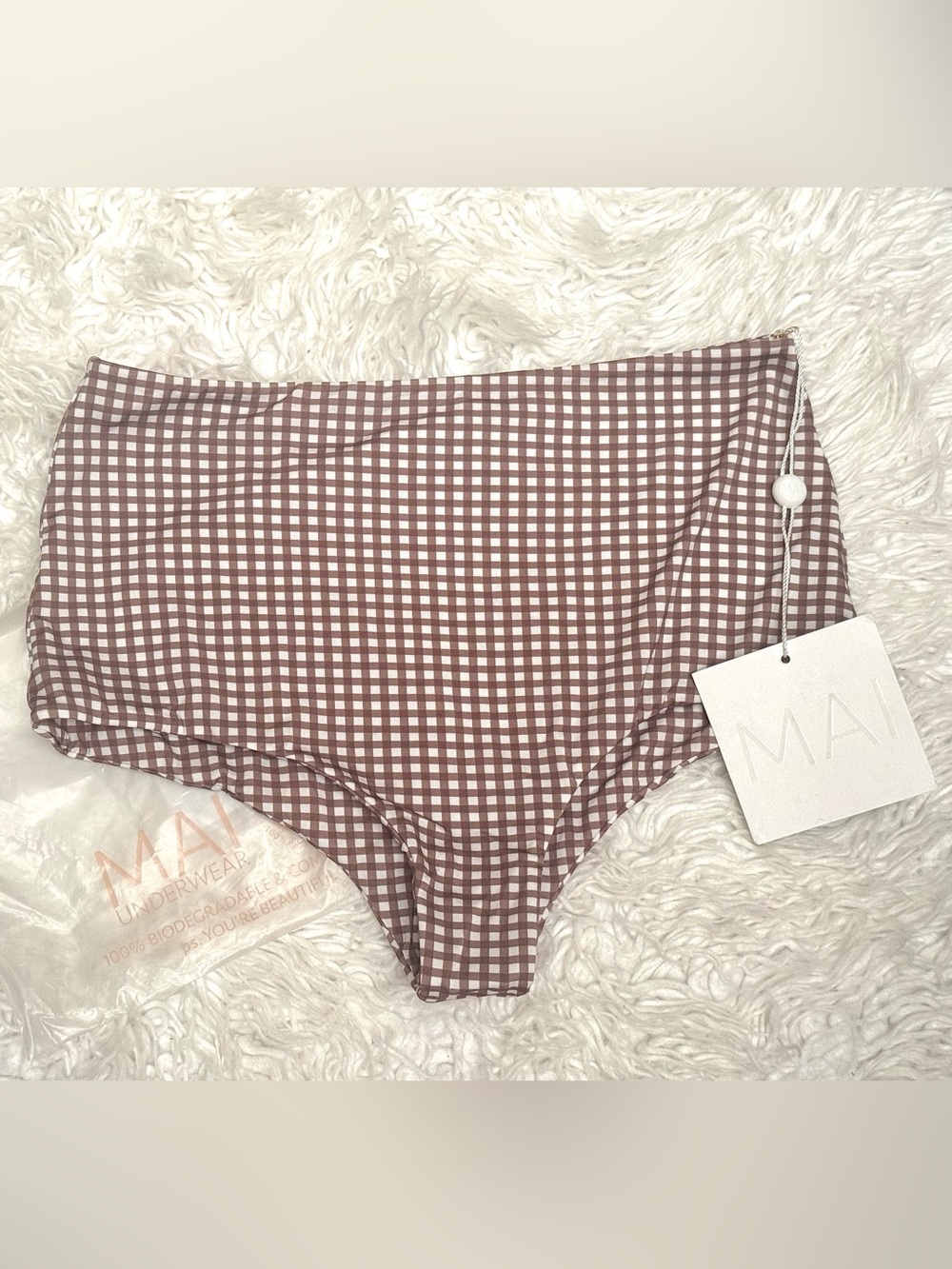 MAI Underwear High-Waist Gingham Bikini Bottom in Brown